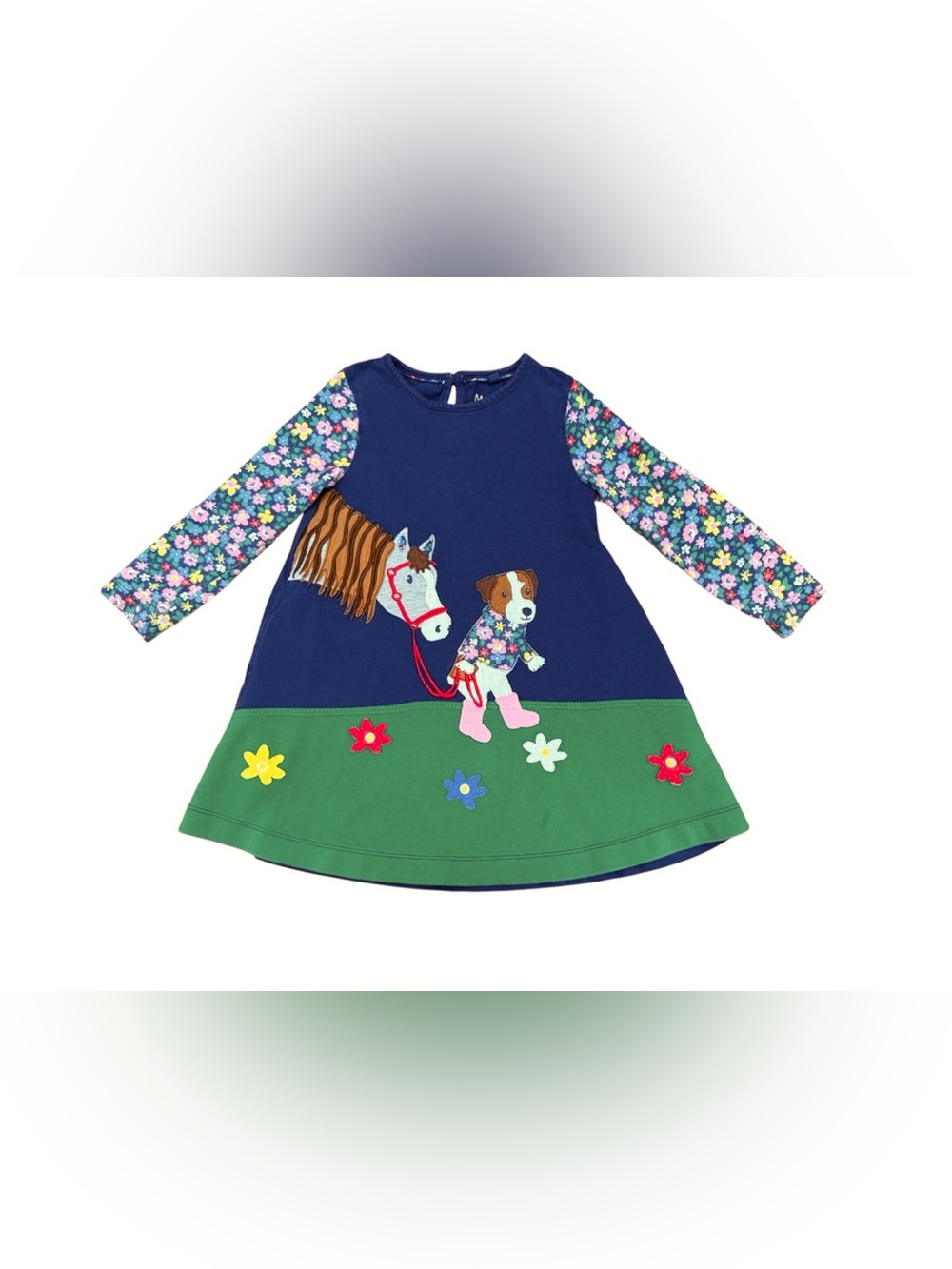 Mini Boden Horse & Dog Appliqué Dress Long Sleeve Girls Size 3-4Y Floral